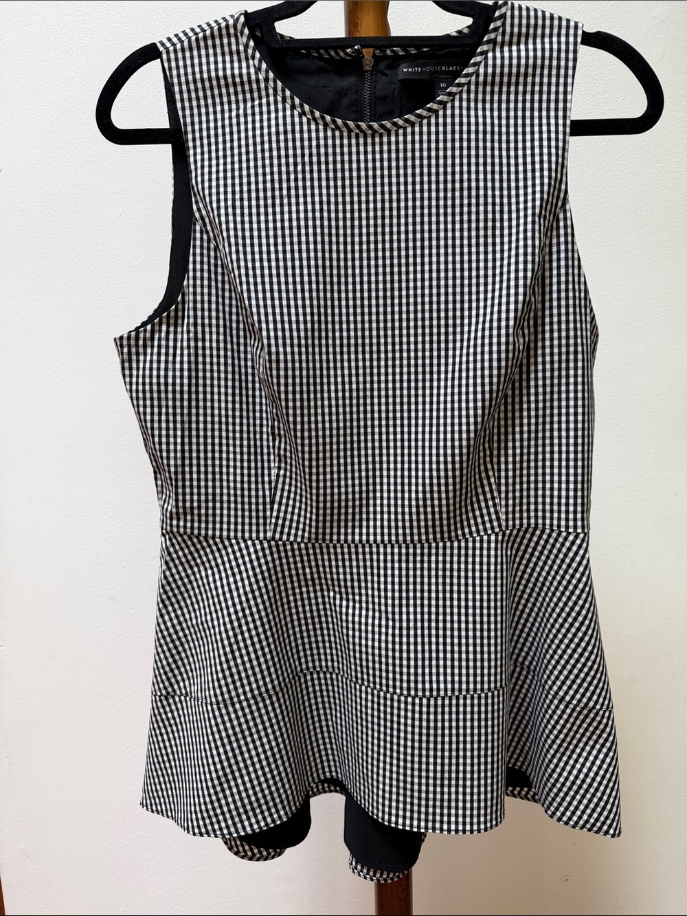 White House Black Market Black & White Gingham Peplum Top size 10